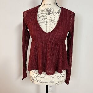 Ruby & Jewell Lace Peplum Top XS Burgundy Sheer Boho Long Sleeve V Neck
